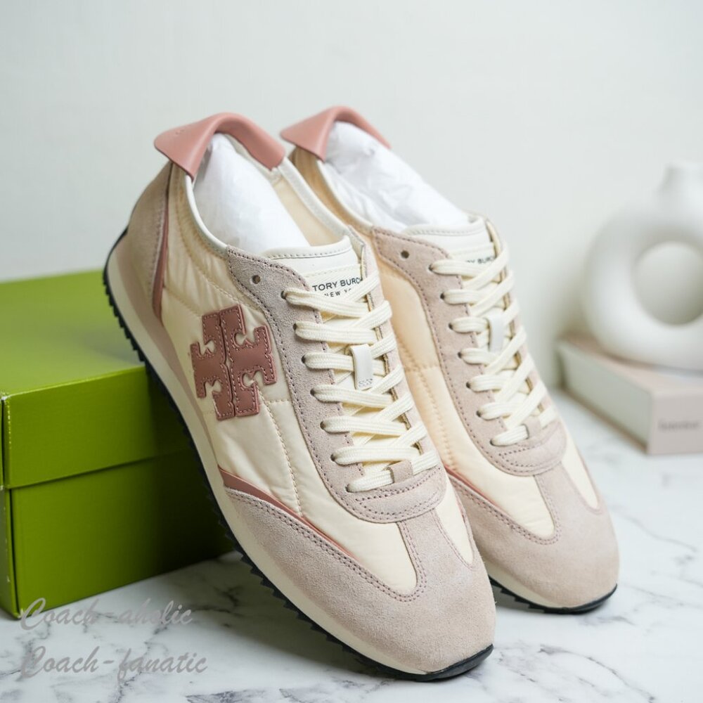Tory Burch T-Logo Nylon Suede Vintage Sneaker 2.0 in Ivory/Malva